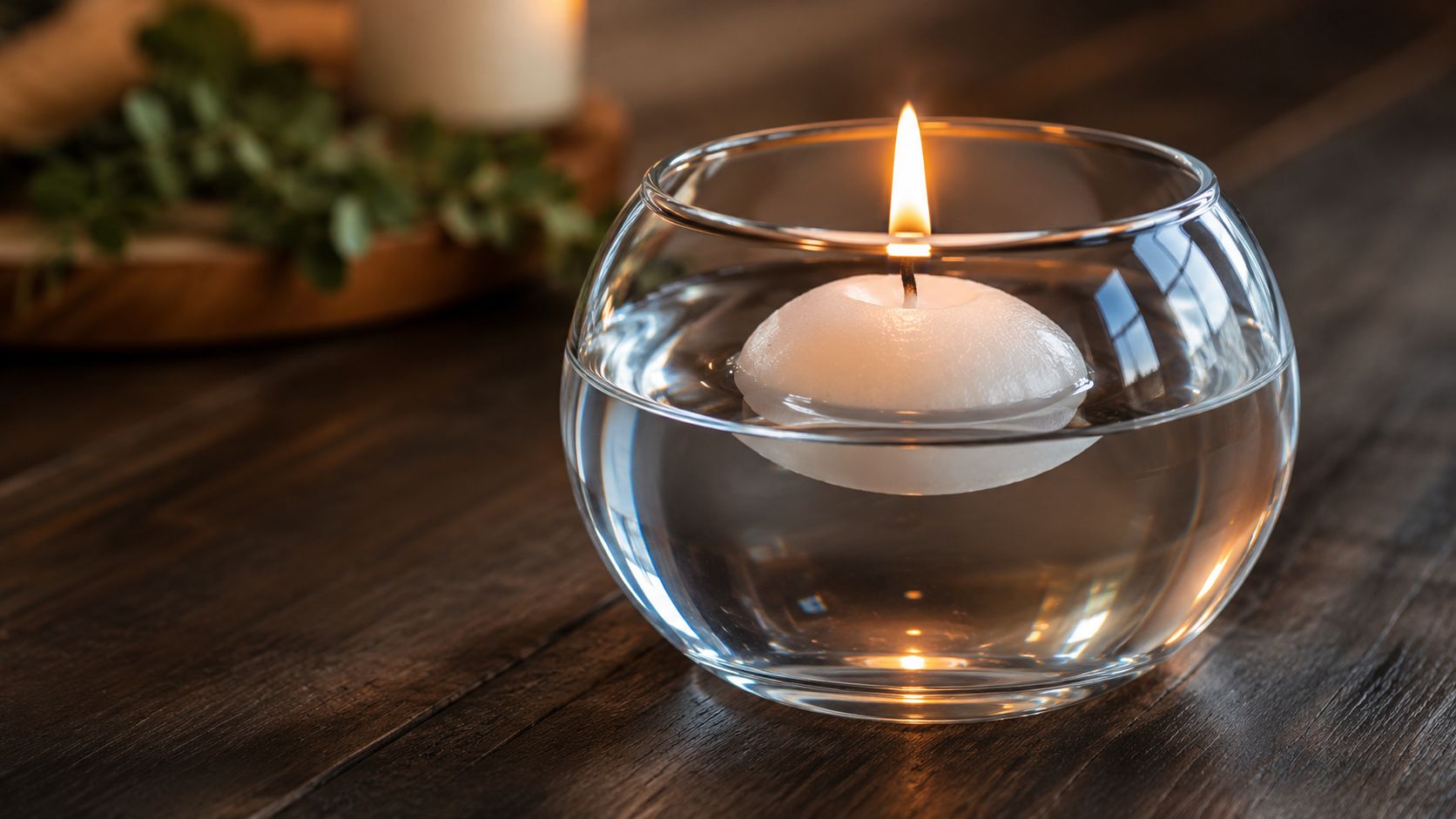 A lit white floating candle in a glass bowl filled with water on a wooden table.