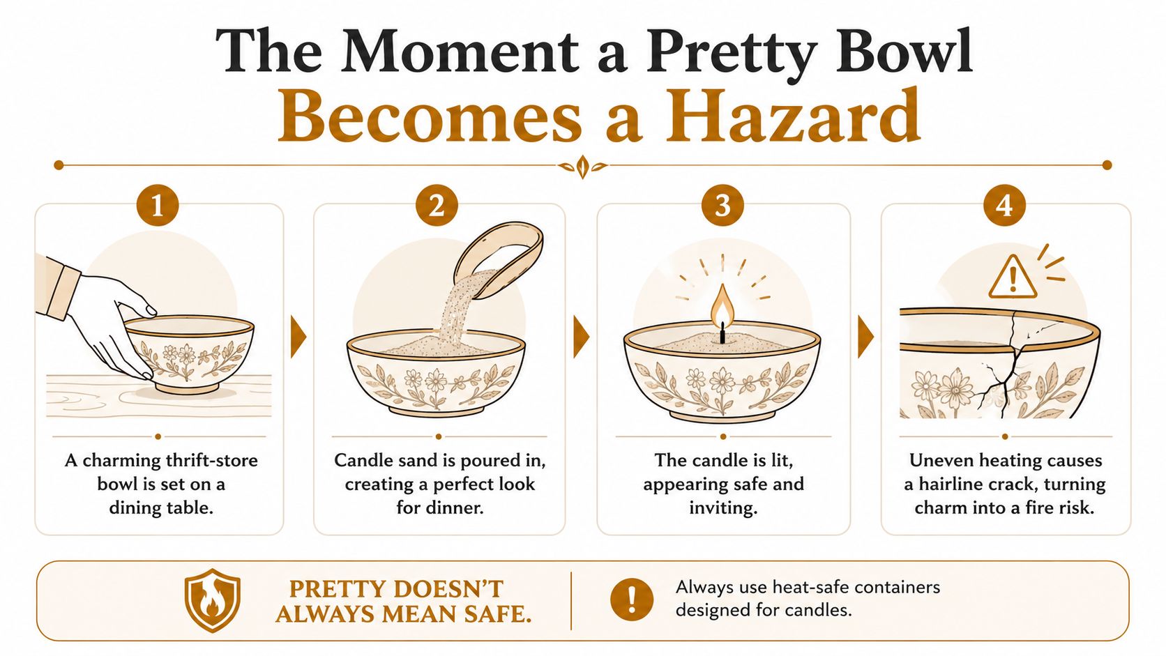 An infographic showing four steps of why using a thrifted bowl for candle sand can be a fire hazard.