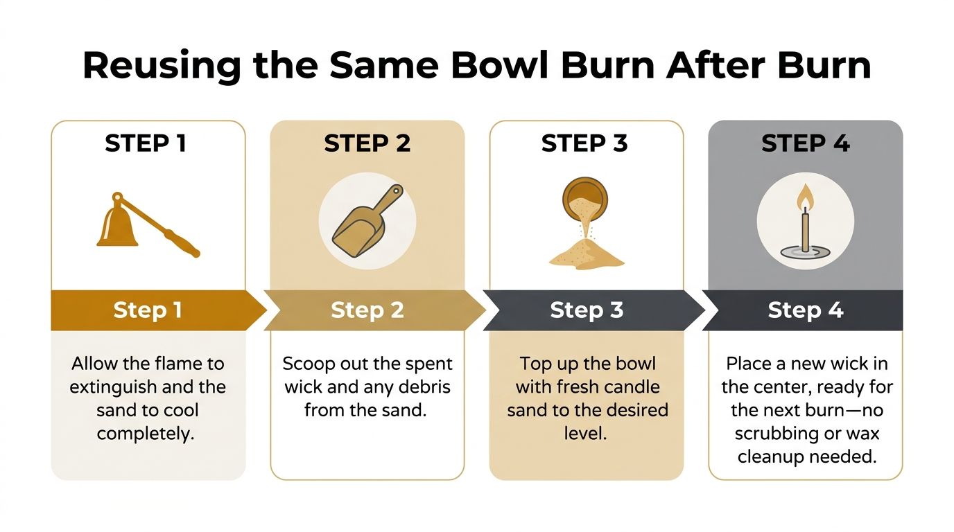 An infographic showing four simple steps to reuse a sand candle bowl, starting from extinguishing to resetting.