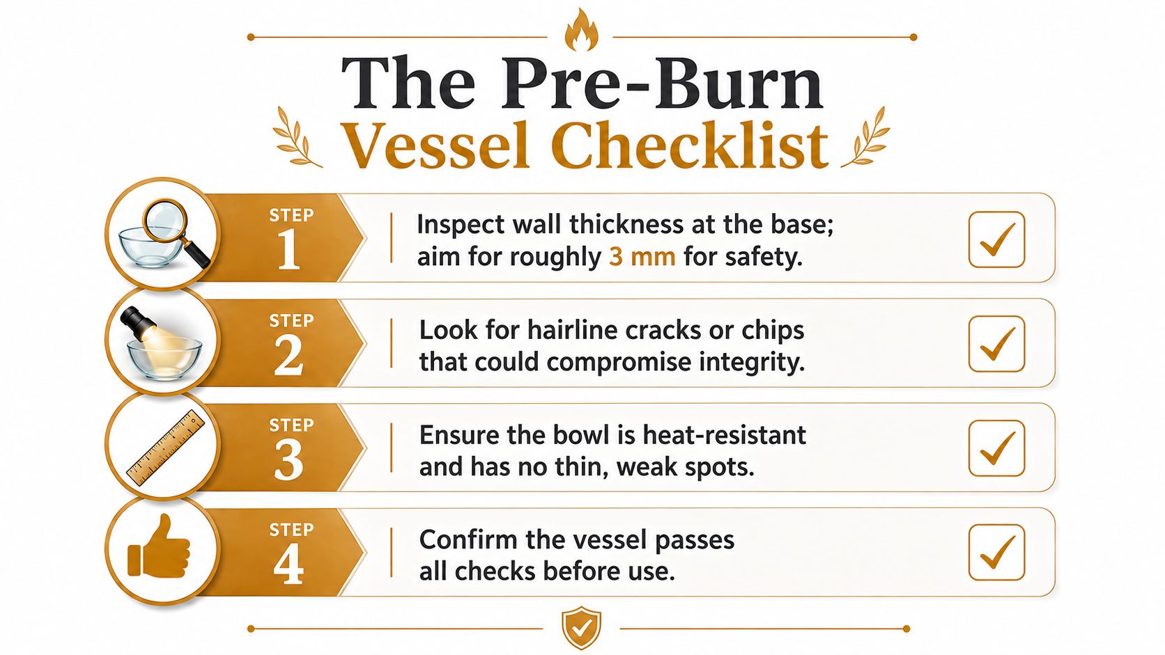 A four-step safety checklist for inspecting a glass bowl before using it to burn candles.