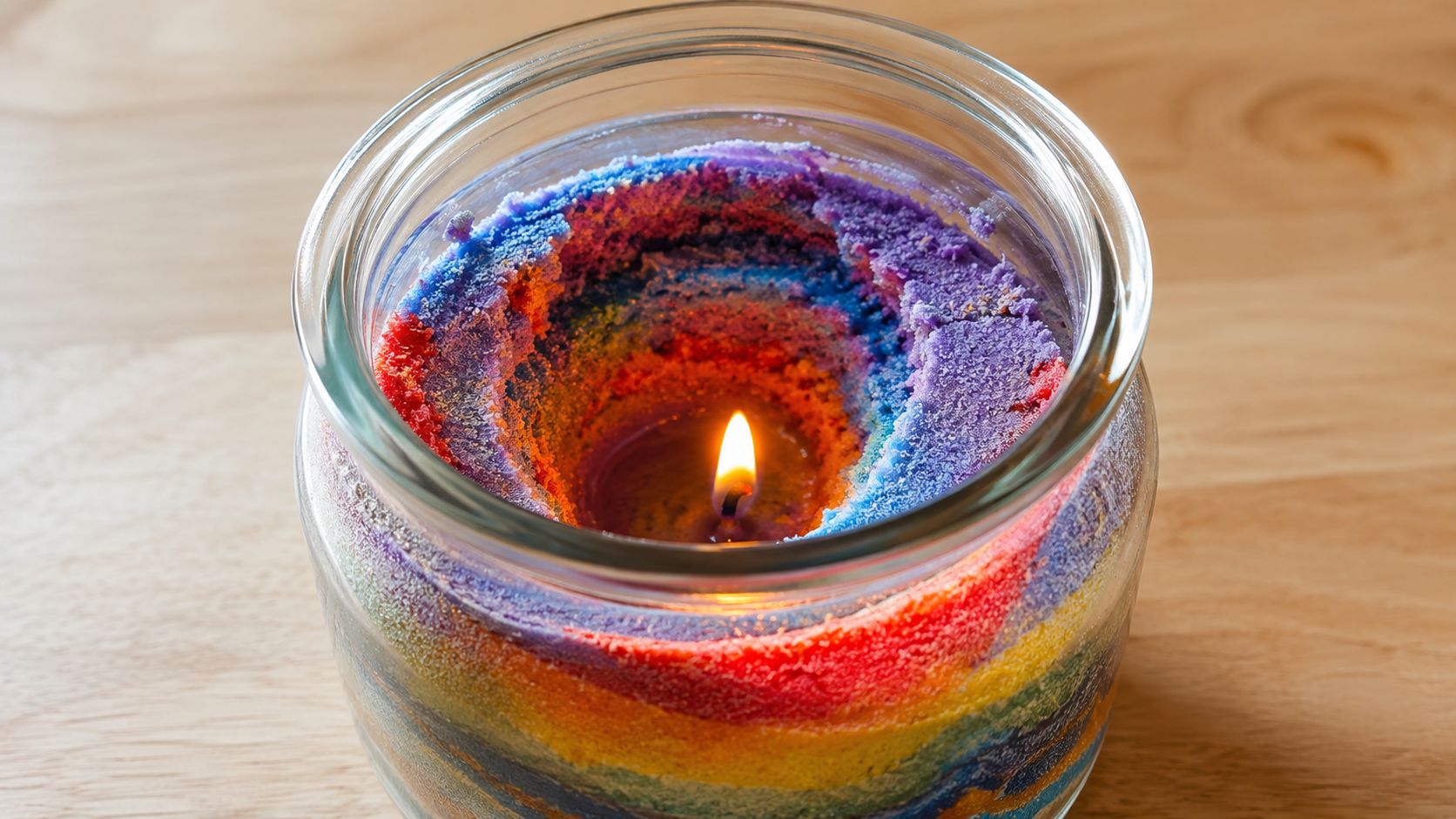 A burning candle in a glass jar showing a clear example of wax tunneling on its surface