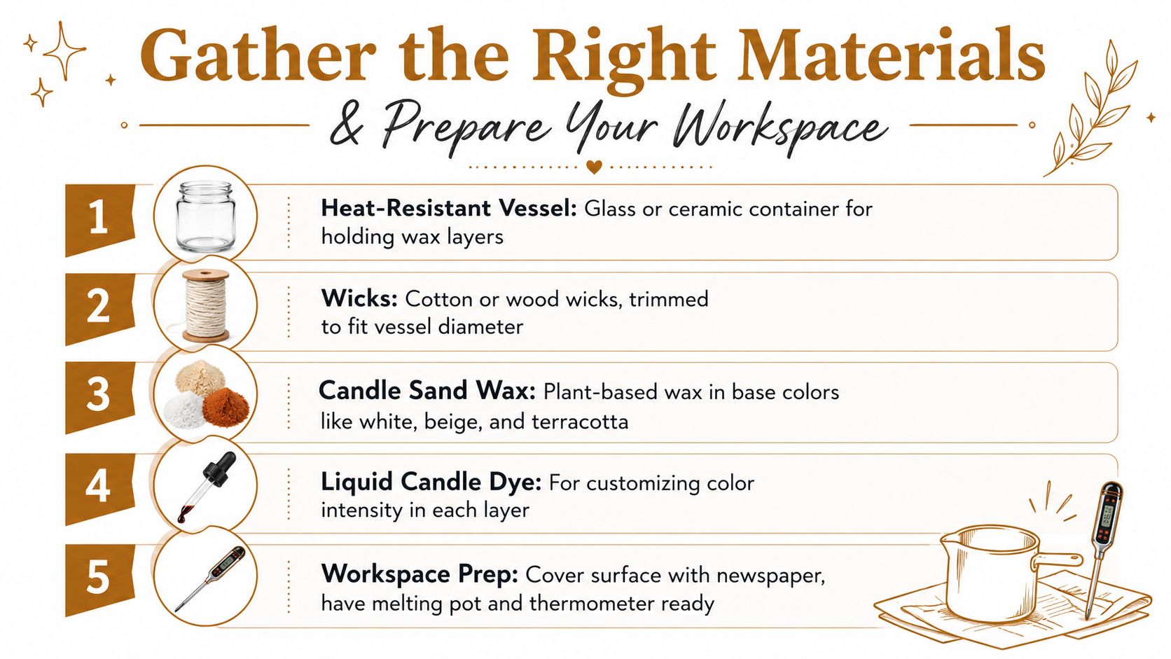 An infographic titled Gather the Right Materials listing five essential items for making layered candles at home.