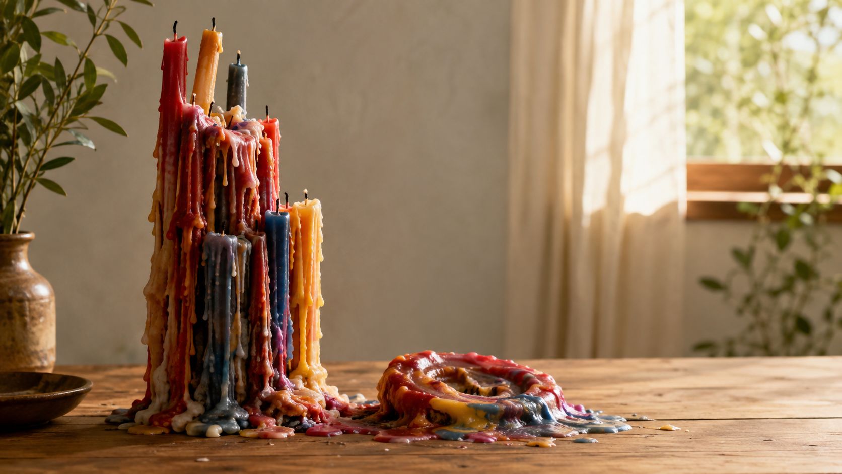 A cluster of colorful, melted multi-layered candles standing on a rustic wooden table indoors near a window.