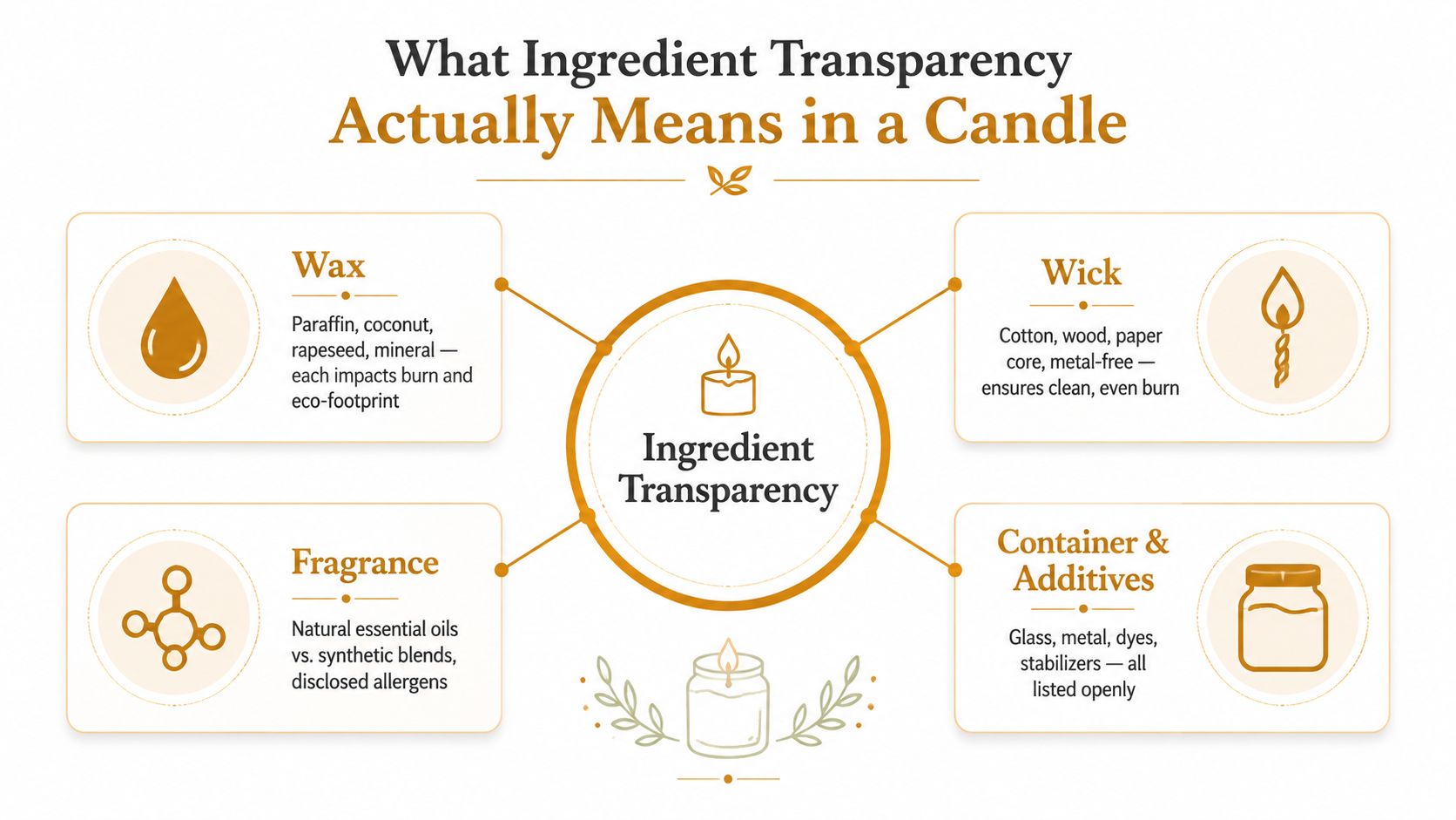An infographic detailing the components of candle ingredient transparency, including wax, wicks, fragrances, and containers.