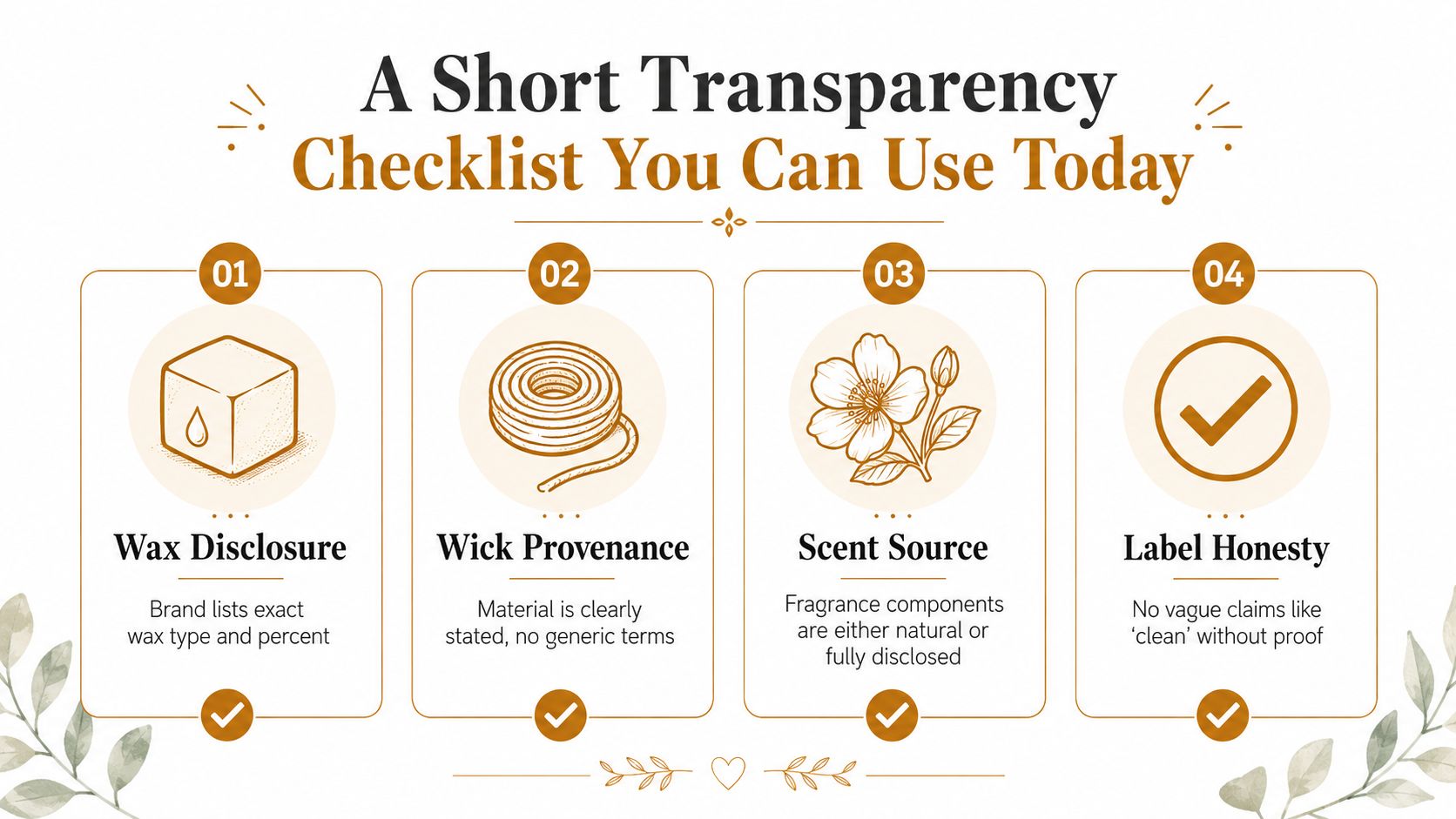 A four-step infographic titled A Short Transparency Checklist You Can Use Today for candle ingredient disclosure.