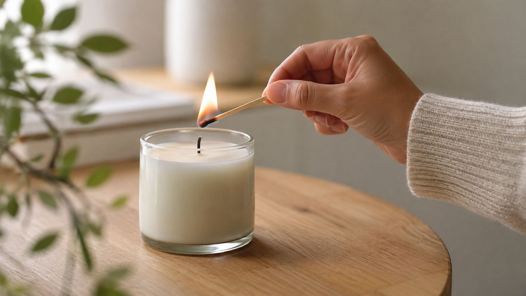 A hand holding a lit match to ignite the wick of a white scented candle in glass.