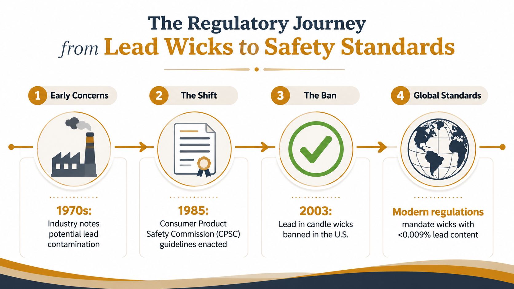 A timeline graphic illustrating the regulatory history of lead-free candle wicks from the 1970s to today.