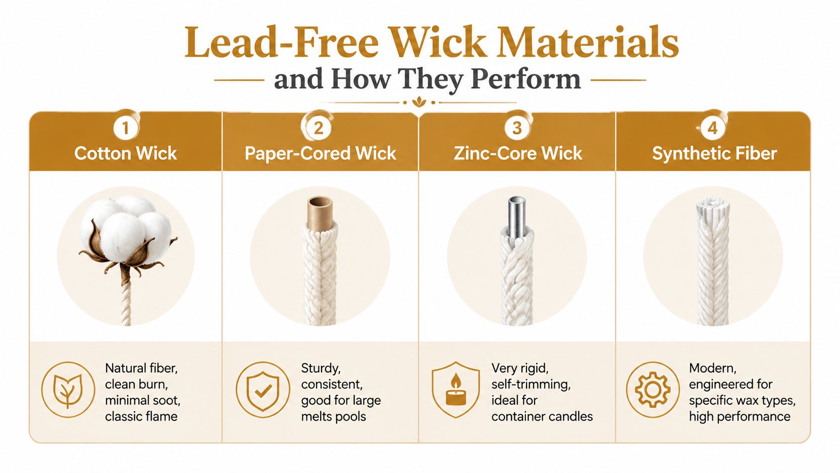 An infographic showing four types of lead-free candle wicks including cotton, paper-cored, zinc-core, and synthetic fiber.