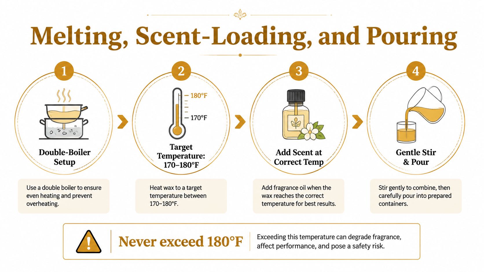 A four-step infographic illustrating the process of melting, scenting, and pouring wax for candle making.