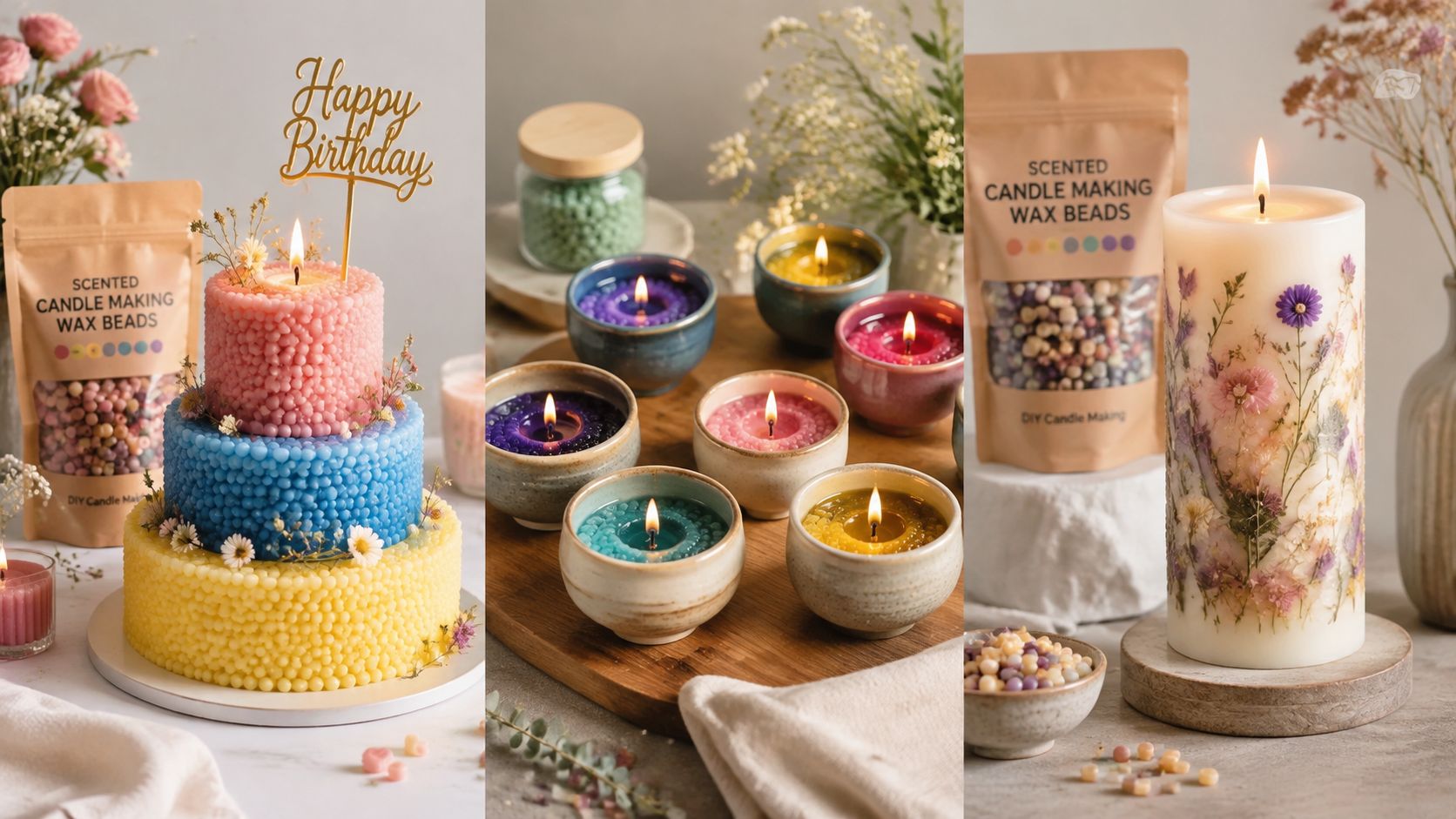 A collage showing DIY candle making projects using various colors of scented wax beads in candles.