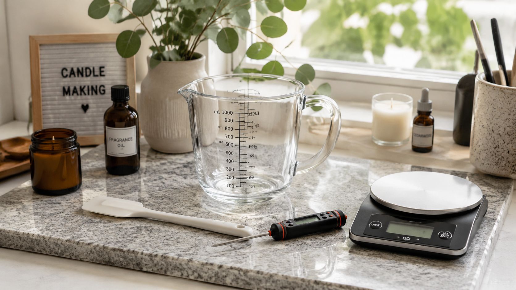 Tools for candle making including a glass pitcher, fragrance oil, digital thermometer, spatula, and weighing scale.