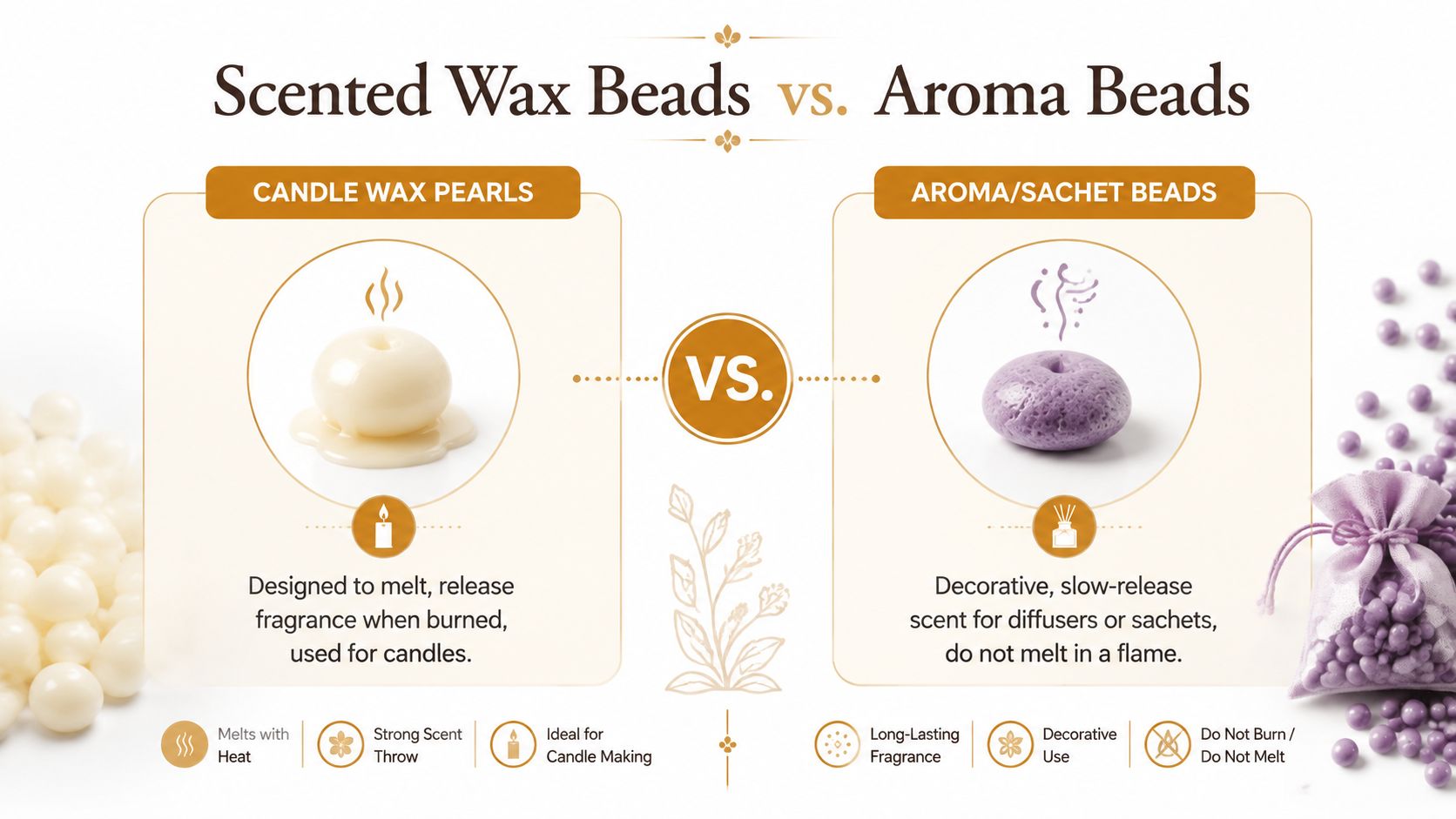 A comparison infographic between scented candle wax pearls and decorative aroma beads for sachets and diffusers.