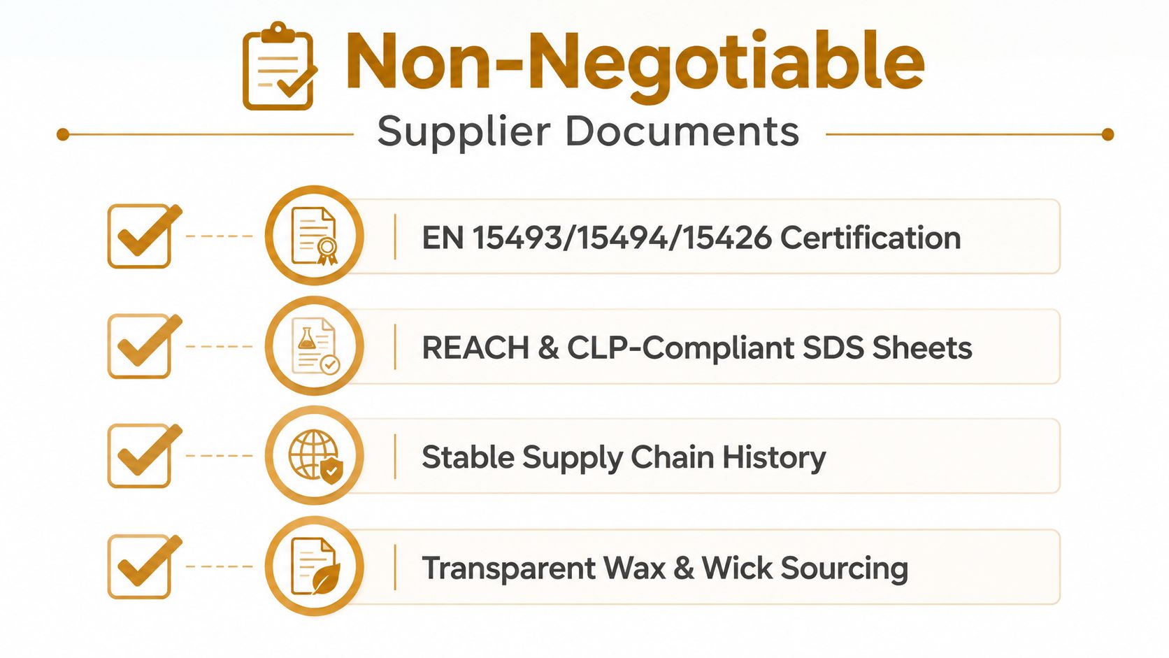 A checklist graphic outlining four non-negotiable supplier document requirements for high-quality candle manufacturing and sourcing compliance.