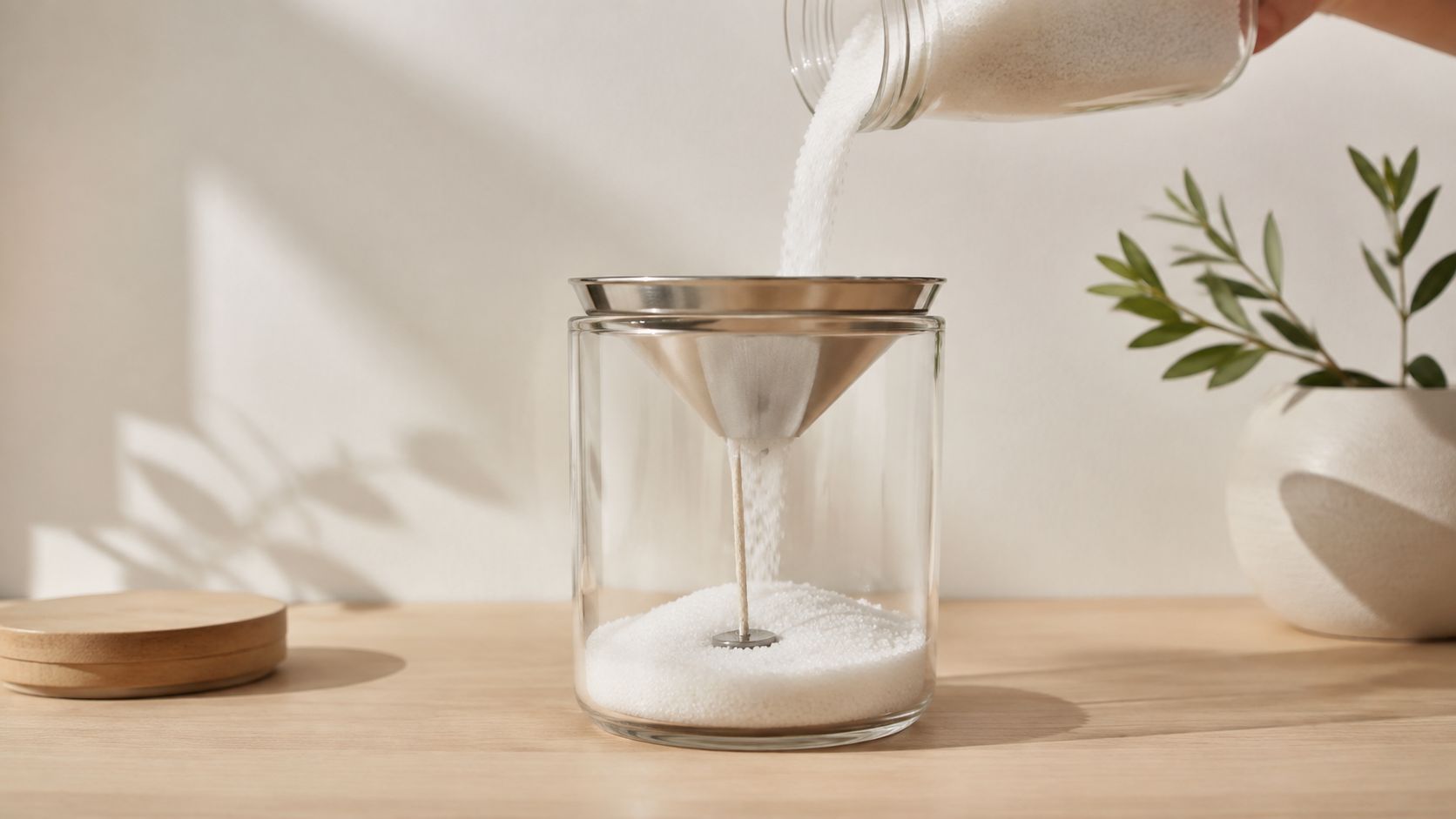 A person pours white candle wax granules through a metal funnel into a glass candle jar.