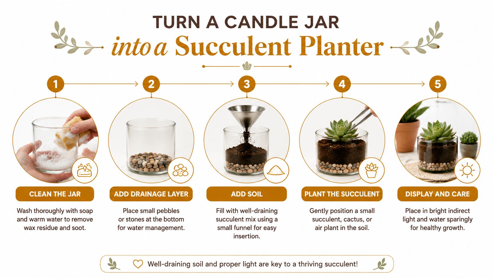 A five-step infographic showing how to repurpose an empty candle jar into a beautiful succulent planter.