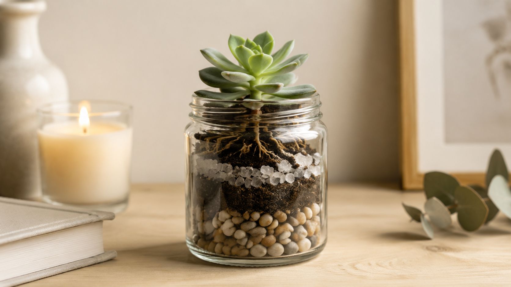A green succulent planted inside a recycled glass candle jar with soil and decorative pebbles on wood.
